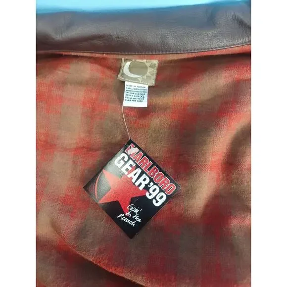 Vintage 90s Marlboro Mens XL Flannel Lined Leather Collar Trucker Jacket Gray